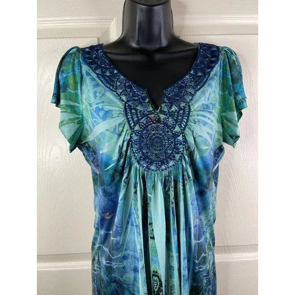 Apt 9 Blouse Women Blue Green Short Sleeve Stretch Smooth Knit Top Size Medium M - Picture 3 of 11